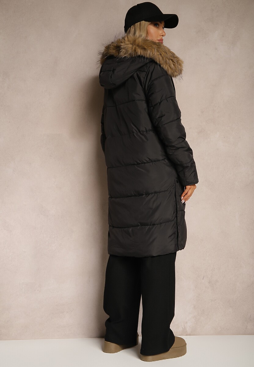 Czarna Kurtka z Pikowanym Przeszyciem Odpinanym Futrem przy Kapturze i Napami u Dołu Zemirya