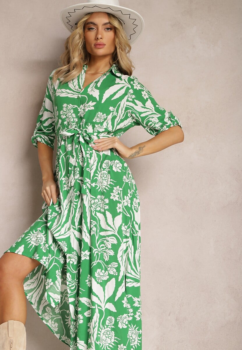 Zielono-Biała Sukienka o Długim Koszulowym Fasonie z Wzorem w Kwiaty Seraplle