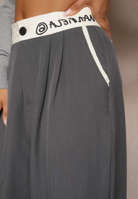 Szare Spodnie Palazzo High Waist z Szerokimi Nogawkami z Zapięciem na Guziki i Zamek Lomedia
