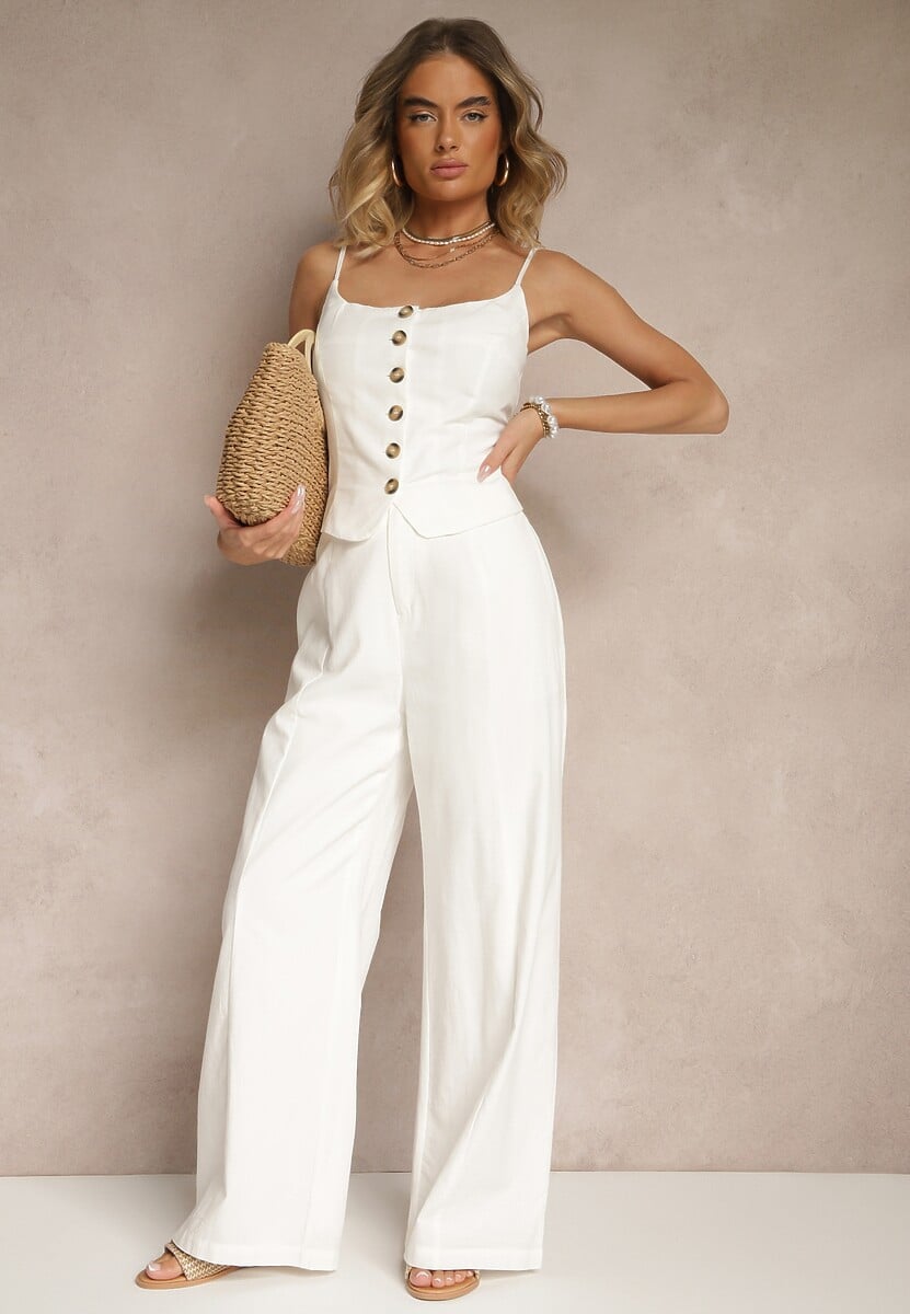 Białe Spodnie z Bawełną i Wiskozą o Szerokim Kroju z Imitacją Kieszeni Divlene