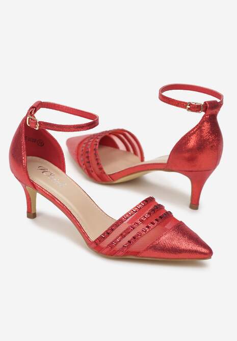 Czerwone Metaliczne Sandały z Noskiem w Szpic na Niskim Obcasie Rohiva
