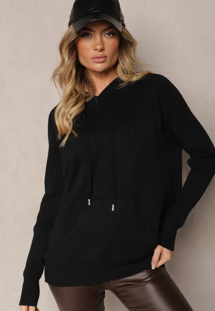 Ciemnobrązowy  Sweter z Wiskozą i Kaszmirem oraz z Kapturem Nerolin