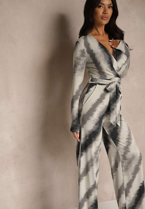 Szaro-Czarny Kombinezon z Trójkątnym Dekoltem i Paskiem w Talii Nanthe