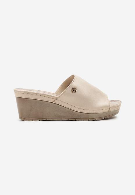 Złote Klapki  na Koturnie z Wkładką ze Skóry Naturalnej Ciravel