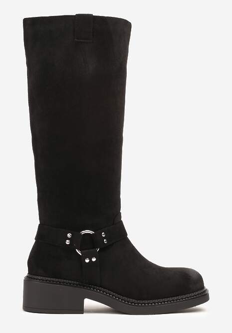 Czarne Kozaki Bikery z Metalicznymi Nitami i Klamrami Sedinea