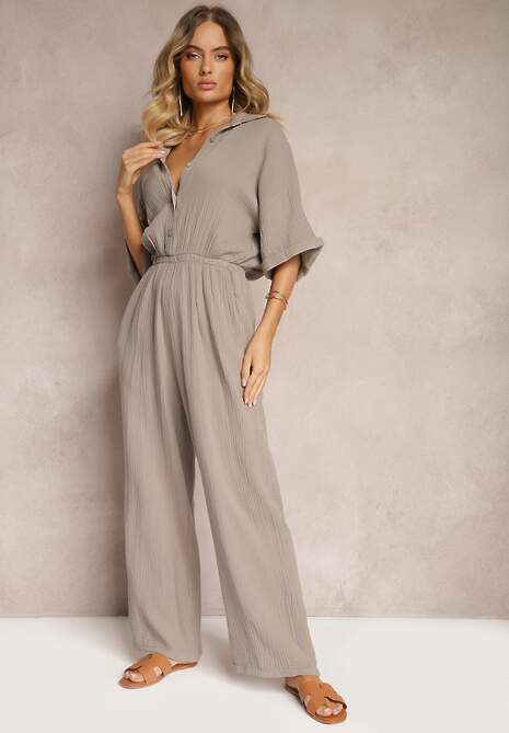 Ciemnobeżowy Taliowany Kombinezon z Bawełny Góra w Formie Koszuli oraz Luźne Spodnie Namsorin