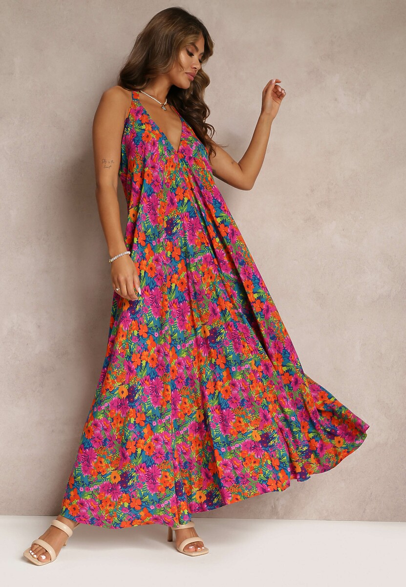 Niebieska Kwiecista Sukienka Maxi z Wiskozy z Wiązaniem na Szyi i Plecach Lunka