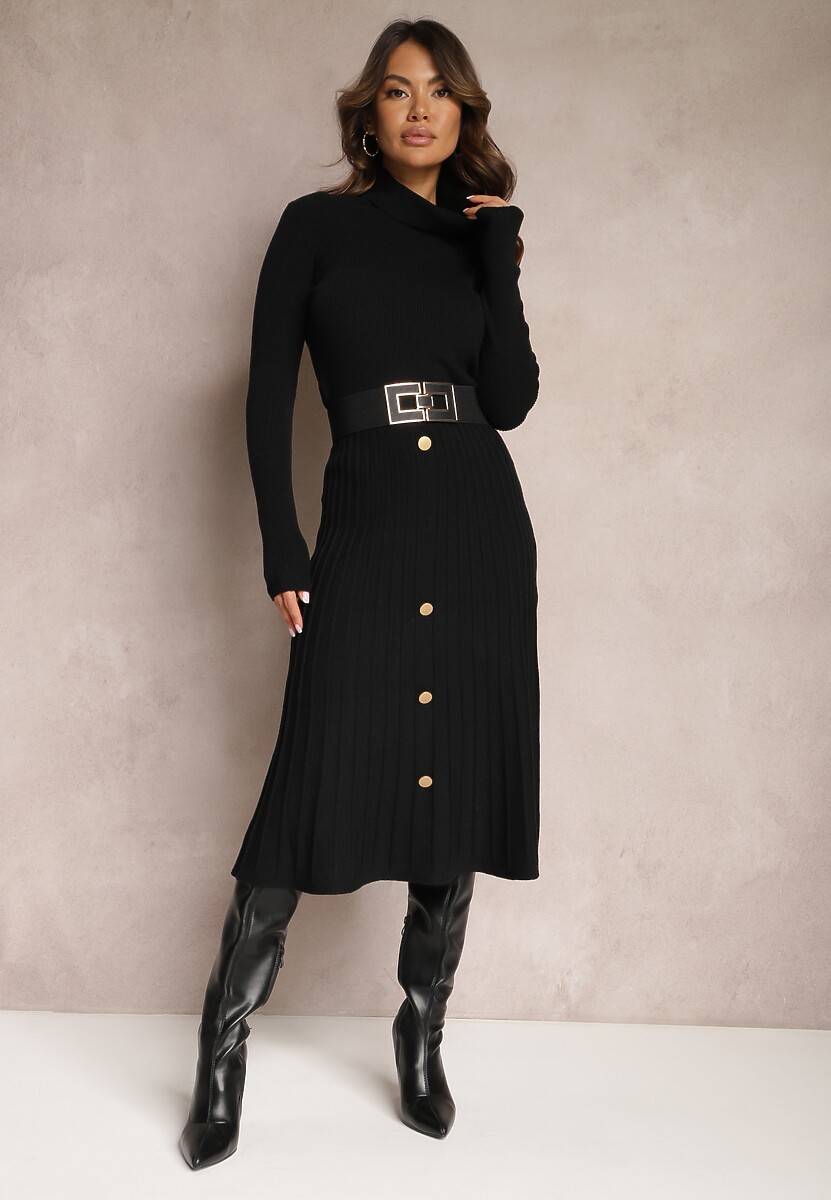 Fioletowa Rozkloszowana Spódnica Midi z Szerokimi Prążkami i Ozdobnymi Guzikami Sussurro