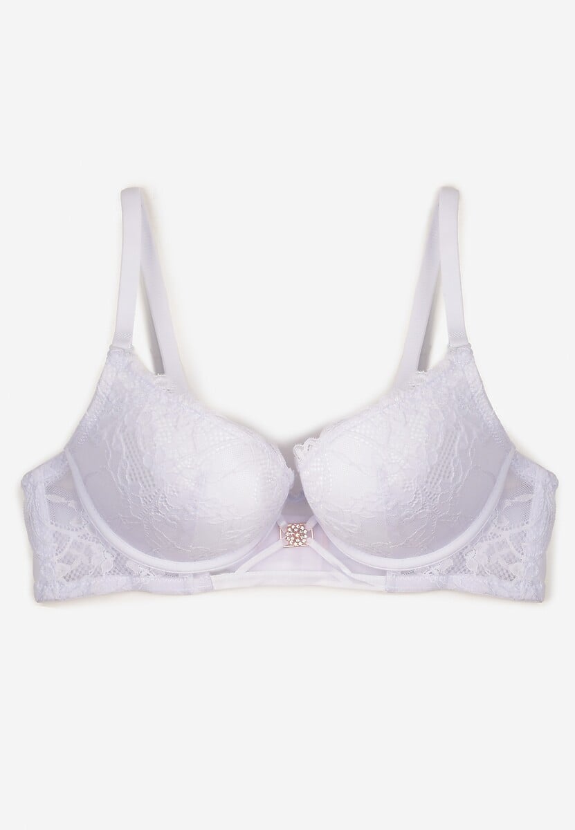 Biały Koronkowy Biustonosz Push-Up z Metaliczną Ozdobą Aclenne