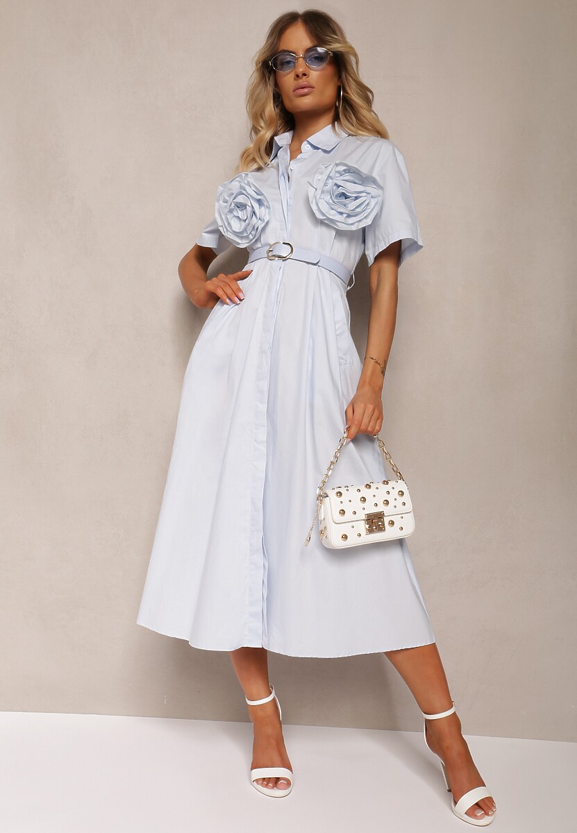 Jasnoniebieska Rozkloszowana Sukienka z Bawełny z Kwiatami na Rękawach i Paskiem w Talii Andronea