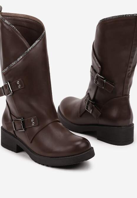 Brązowe Masywne Botki z Asymetryczną Cholewką i Klamrami w Stylu Motocyklowym Erienna