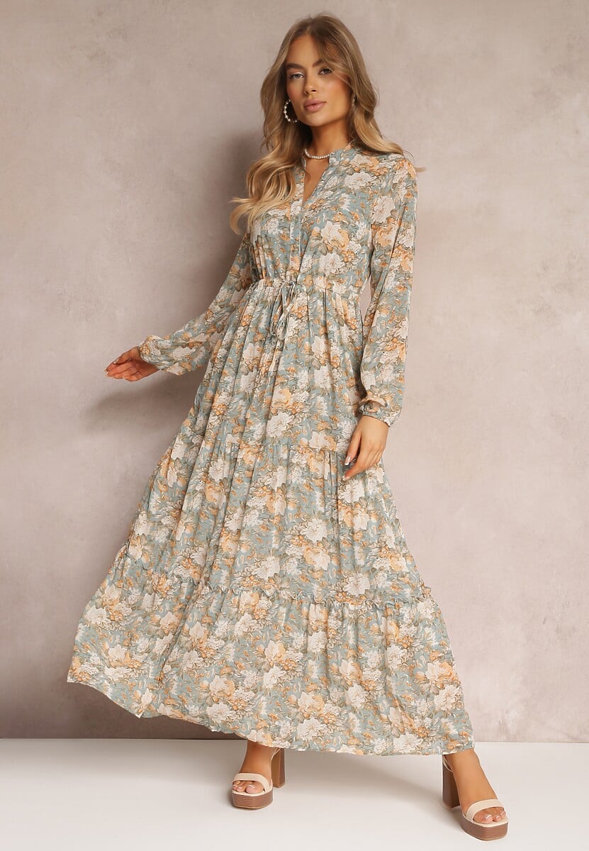 Jasnozielona Sukienka Maxi Ściągana w Pasie z Metaliczną Nitką i Rozkloszowanym Dołem Kiaza