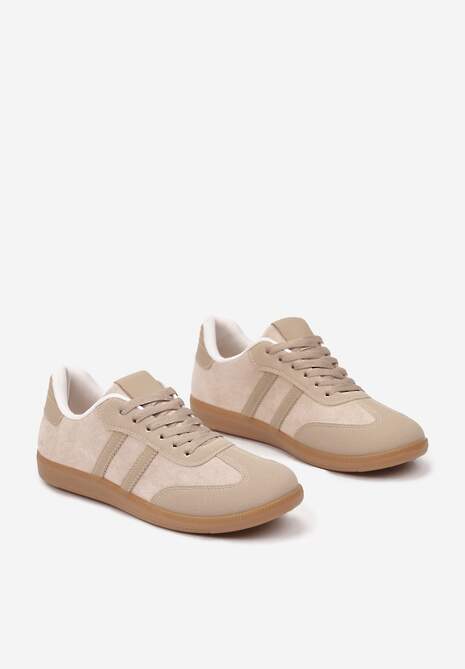 Ciemnobeżowe Casualowe Sneakersy z Ekozamszu na Płaskiej Podeszwie Pemeriana