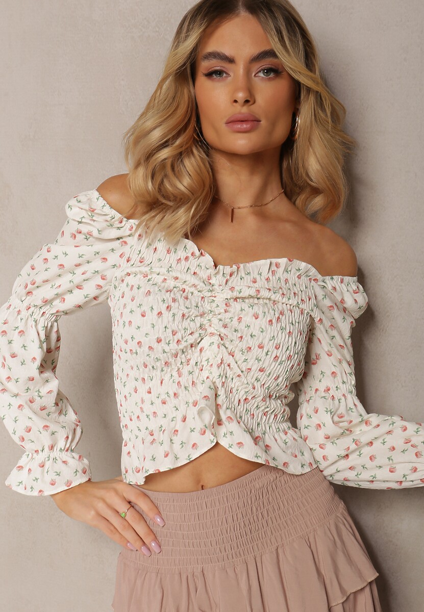 Biało-Zielona Marszczona Bluzka Przeszyta Gumkami z Falbankami Vlinda