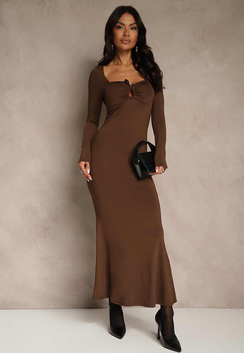 Brązowa Sukienka Koktajlowa z Wiskozą Ozdobiona Metaliczną Aplikacją Refane
