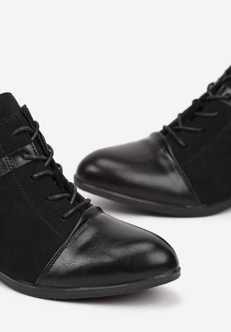 Czarne Sznurowane Botki na Płaskiej Podeszwie Ozdobione Rivianne