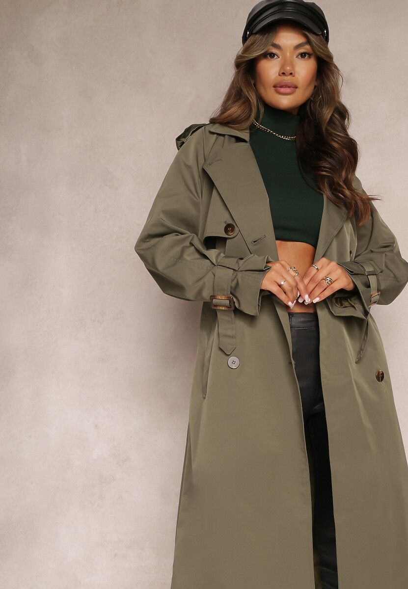 Ciemnozielony Płaszcz Trencz Dwurzędowy z Paskiem Lene