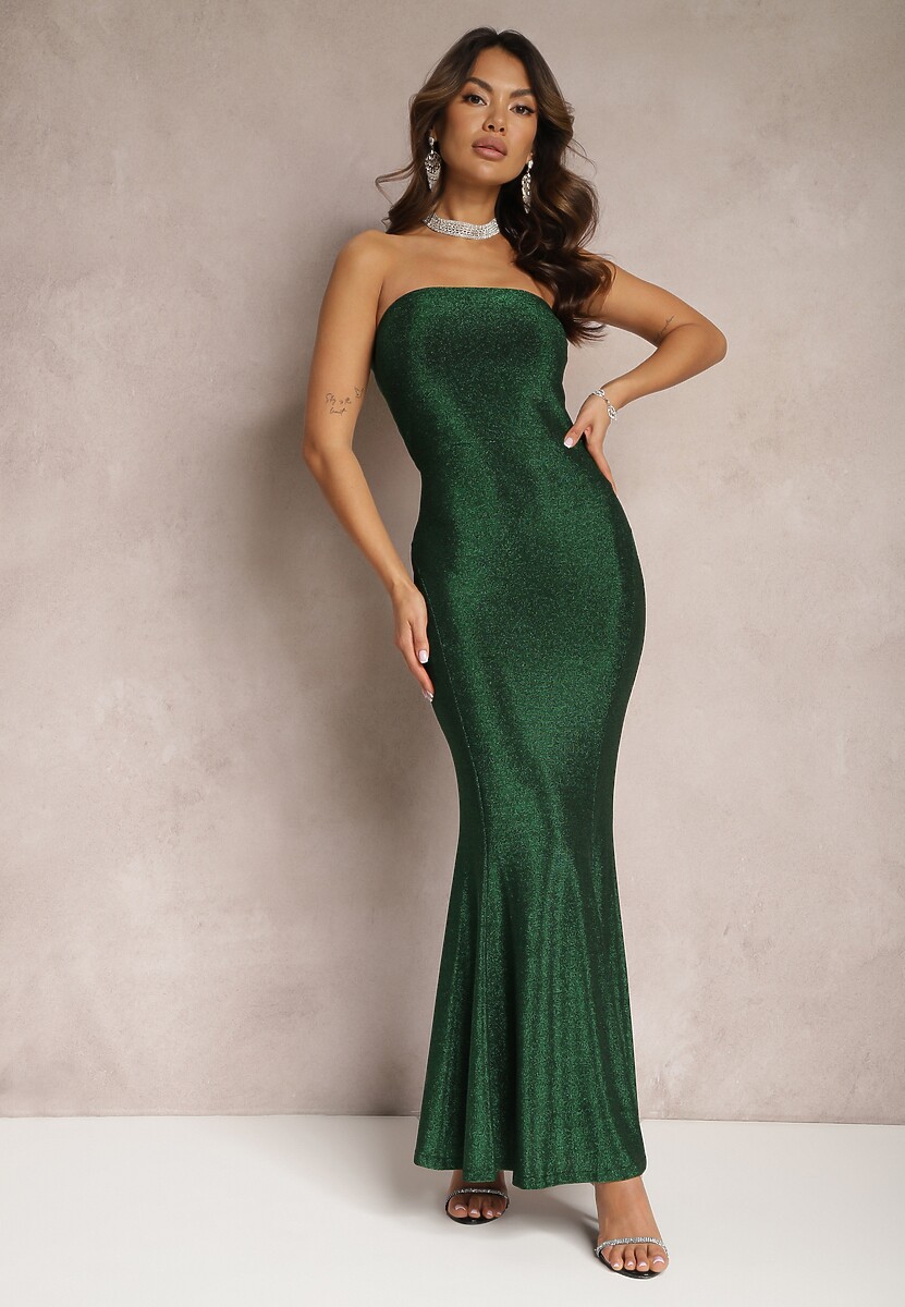 Czerwona Połyskująca Sukienka Maxi Bez Ramiączek Rozkloszowanym Dołem Botalia