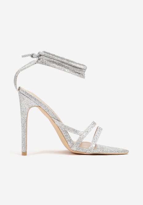 Srebrne Wiązane Sandały na Szpilce z Brokatem Asinae
