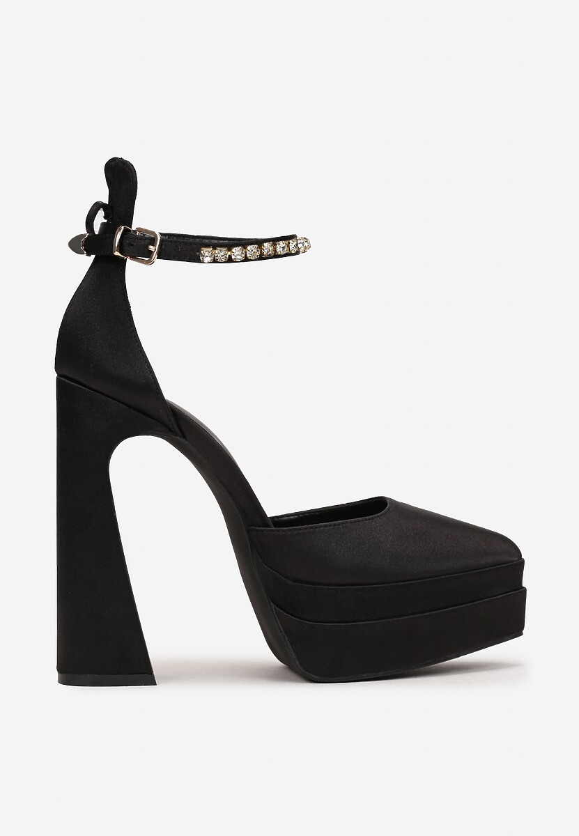 Czarne Satynowe Czółenka na Słupku i Platformie Darlo