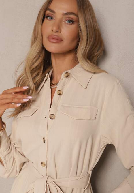 Beżowa Sukienka z Bawełny o Koszulowym Kroju Wiązana w Talii Zinrose