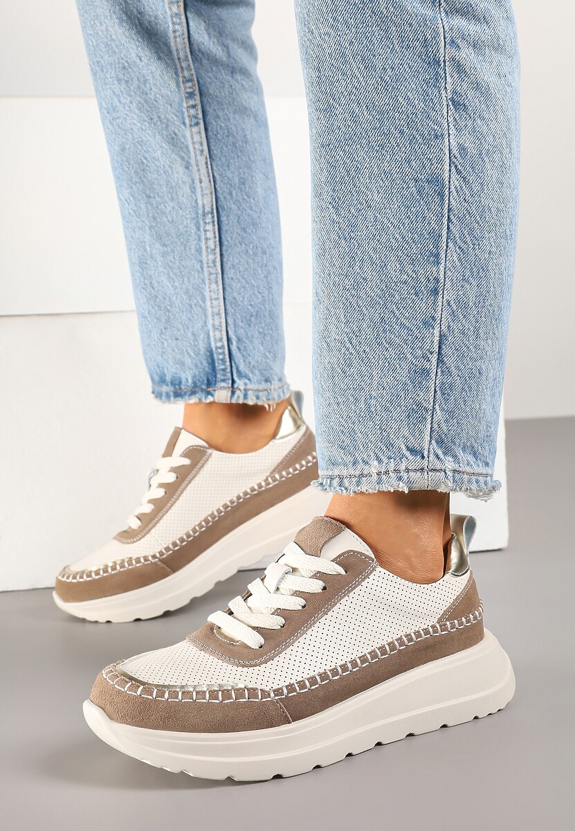 Beżowo-Brązowe Sneakersy Skórzane Ozdobione Metalicznymi Wstawkami i Przeszyciami Renosa