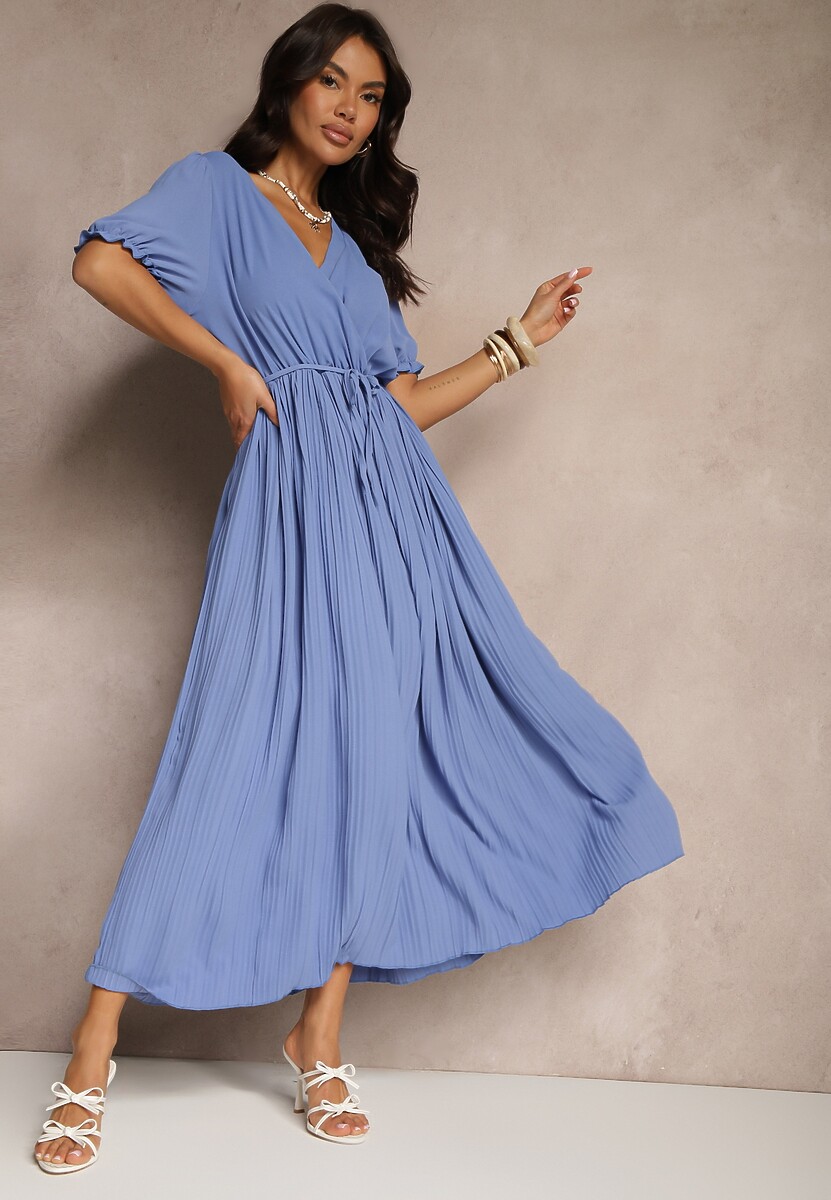 Niebieska Sukienka z Bawełną Ozdobiona Kopertowym Dekoltem i Paskiem Grellevia