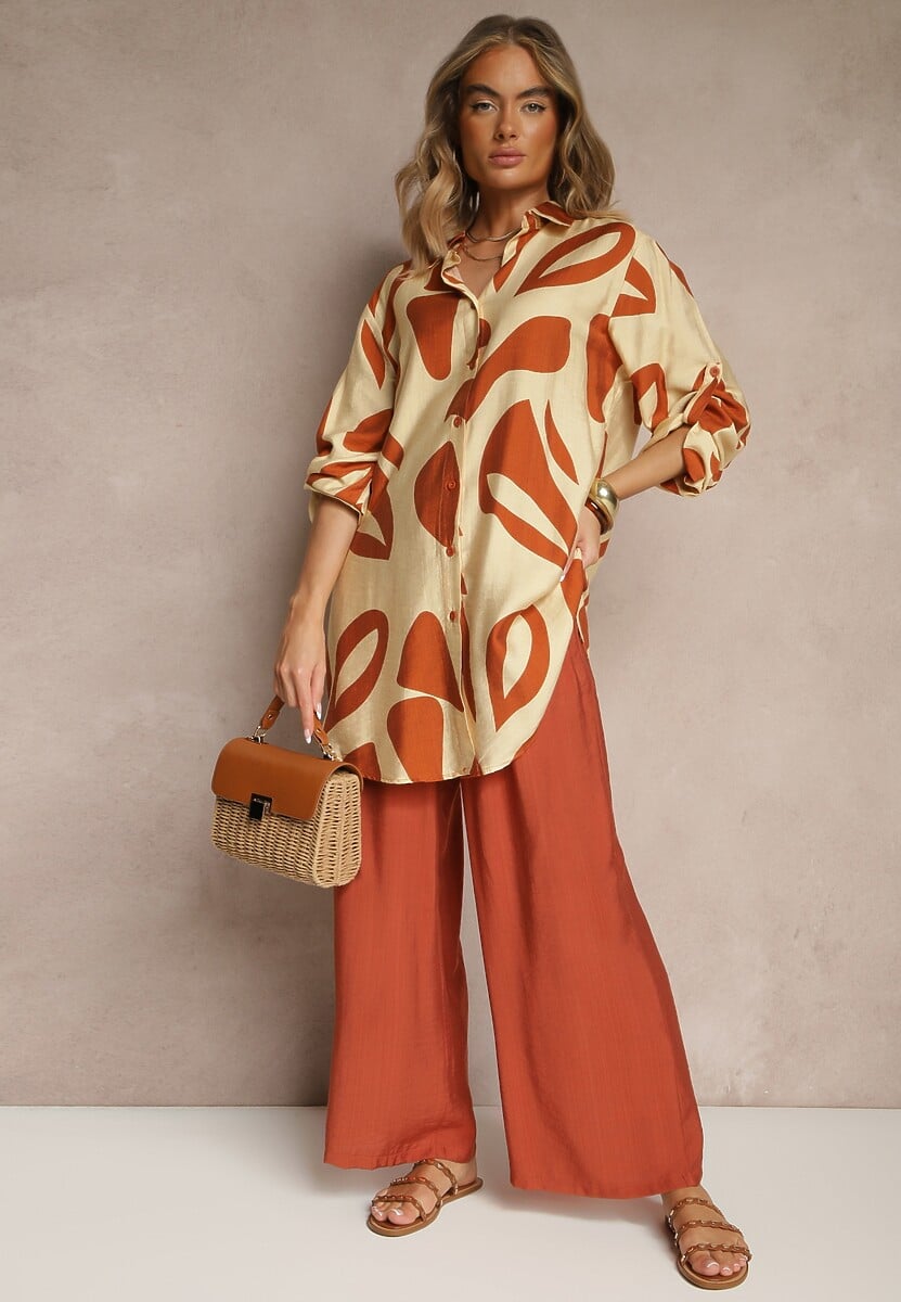 Pomarańczowy Komplet z Wiskozą Spodnie i Koszula w Geometryczny Wzór Rinmeria