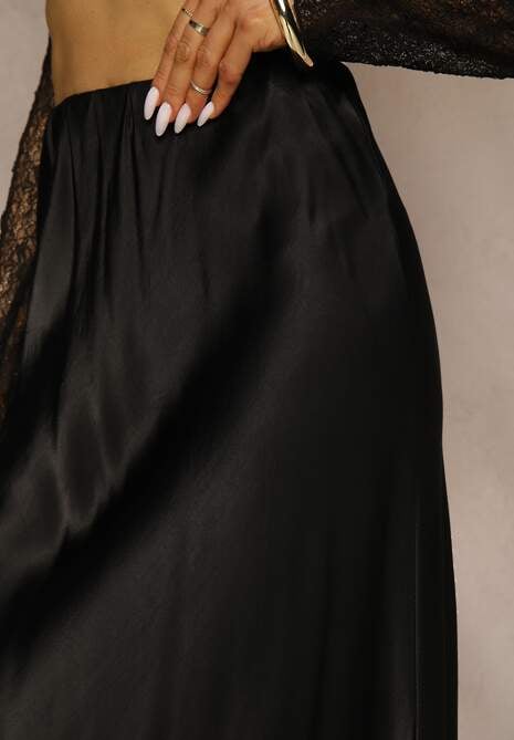 Czarna Wiskozowa Spódnica Satynowa z Koronką Fedore