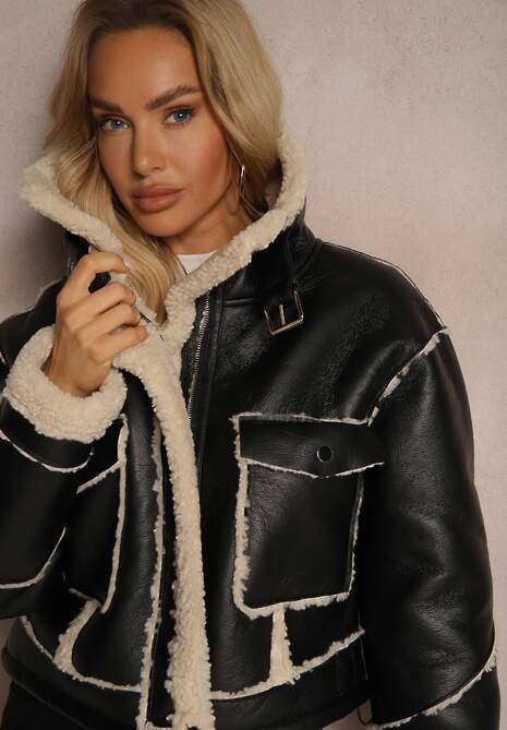 Czarna Kurtka Typu Biker o Krótkim Kroju z Kołnierzem i Kieszeniami Naonellea