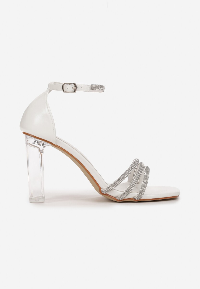 Białe Sandały z Cyrkoniami na Transparentnym Słupku Larmela