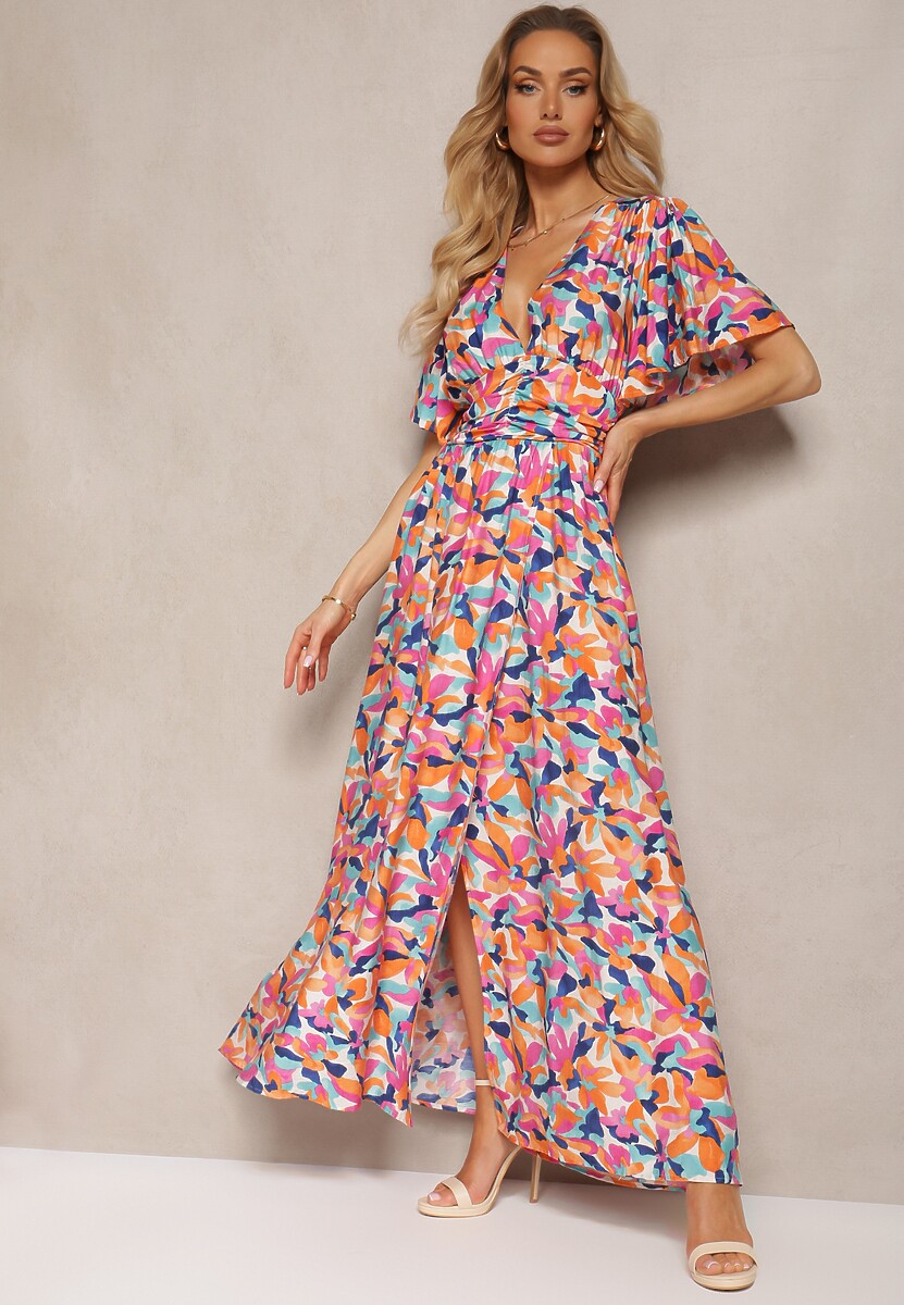 Pomarańczowo-Granatowa Wiskozowa Sukienka z Gumką w Talii z Ozdobnymi Marszczeniami i Rozcięciem Glara