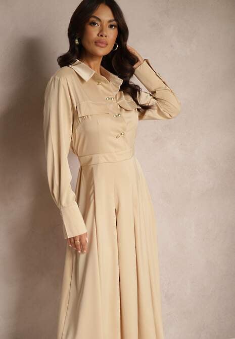 Beżowa Koszulowa Sukienka o Rozkloszowanym Kroju z Gumką w Pasie i Imitacją Kieszeni Etaviela