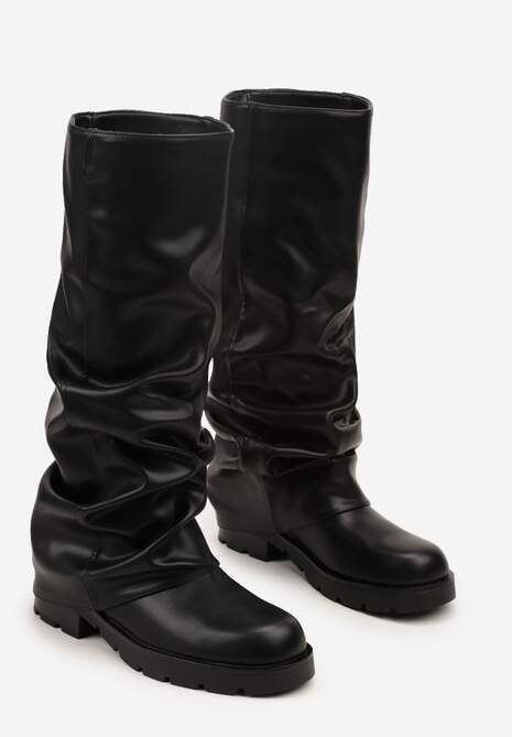 Czarne Marszczone Kozaki z Cholewką Imitującą Nogawkę Nalomassa