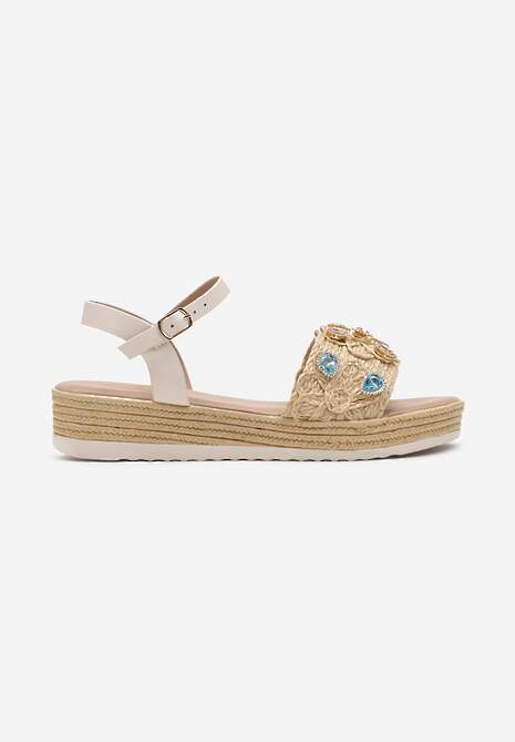 Beżowe Sandały na Płaskiej Plecionej Podeszwie z Rafii Zapinane na Sprzączkę z Cyrkoniami Vesima