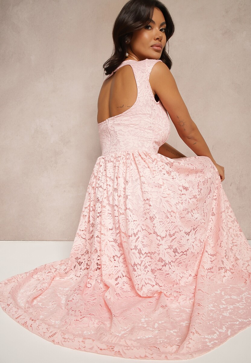 Czarna Rozkloszowana Sukienka z Koronki z Wycięciem na Plecach Meltewia