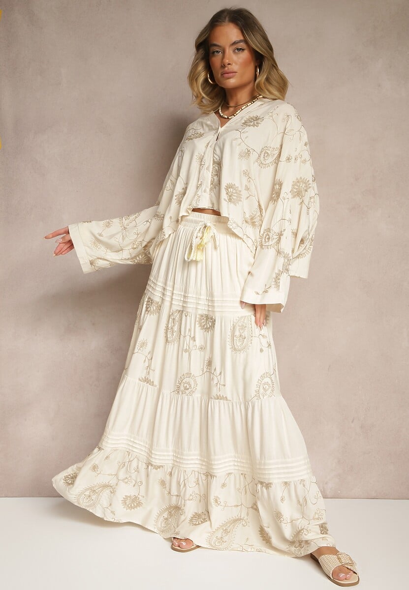 Beżowy Wiskozowy Komplet Boho z Koszulą o Nietoperzowym Kroju i Spódnicą Separia