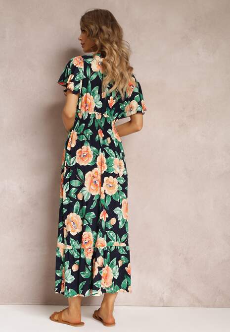 Granatowa Rozkloszowana Sukienka Maxi z Gumkami w Talii i Falbankami Tayte