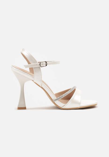 Białe Sandały Szpilki z Cyrkoniowym Zdobieniem na Obcasie Typu Klepsydra Haldiva