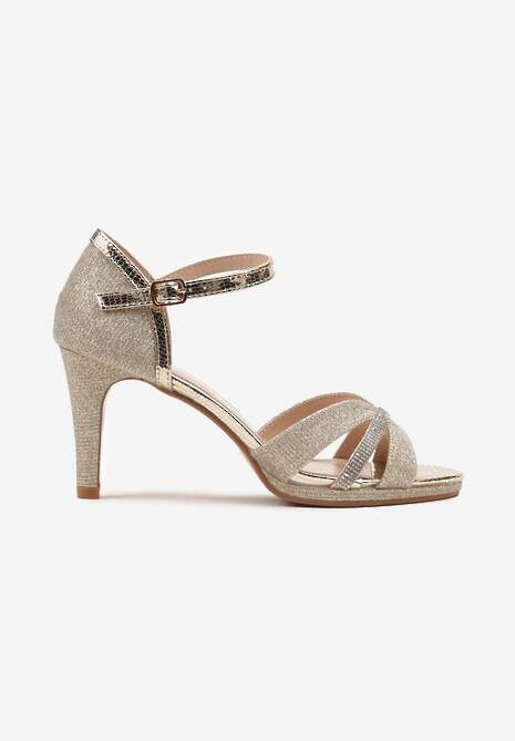Złote Eleganckie Sandały z Ekoskóry na Szpilce Ozdobione Cyrkoniami Aldenima