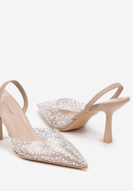 Beżowe Szpilki z Odkrytą Piętą Transparentną Cholewką I Cyrkoniami Arstaria