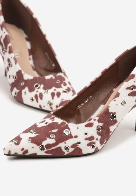 Brązowe Czółenka na Szpilce Vices w Krowie Łaty Ozdobione Nitami z Wkładką ze Skóry Naturalnej Rilinessa
