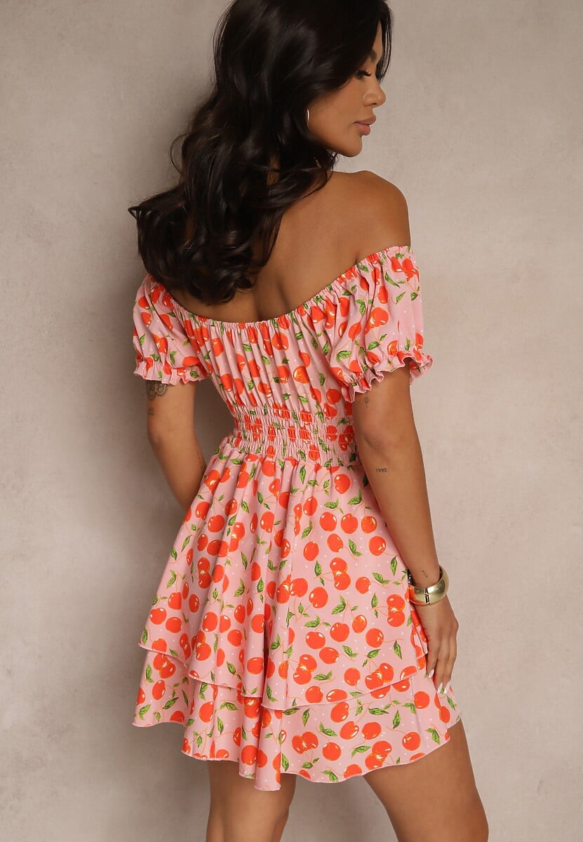 Różowa Sukienka Rozkloszowana z Bawełną w Wisienki Lunasella