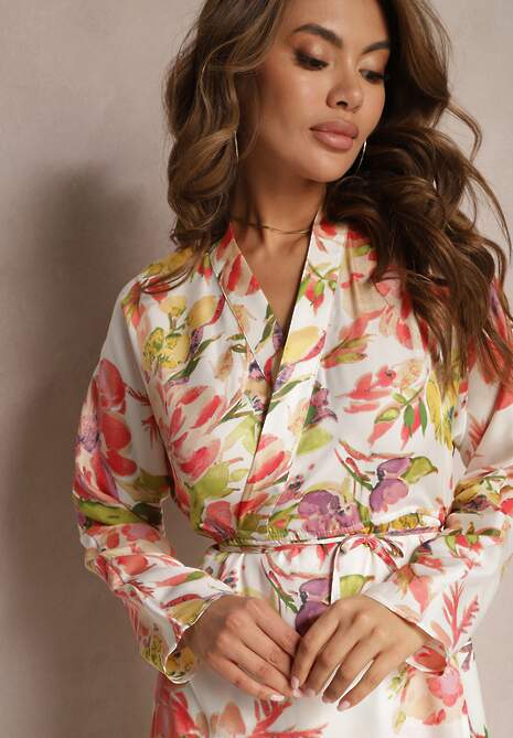 Biało-Różowa Kopertowa Sukienka z Kwiecistym Printem Aleratoa