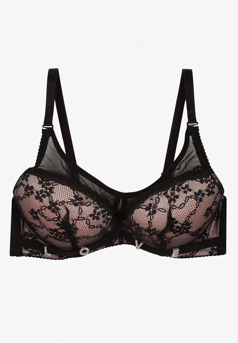 Czarno-Różowy Koronkowy Biustonosz z Odpinanymi Ramiączkami Revalora