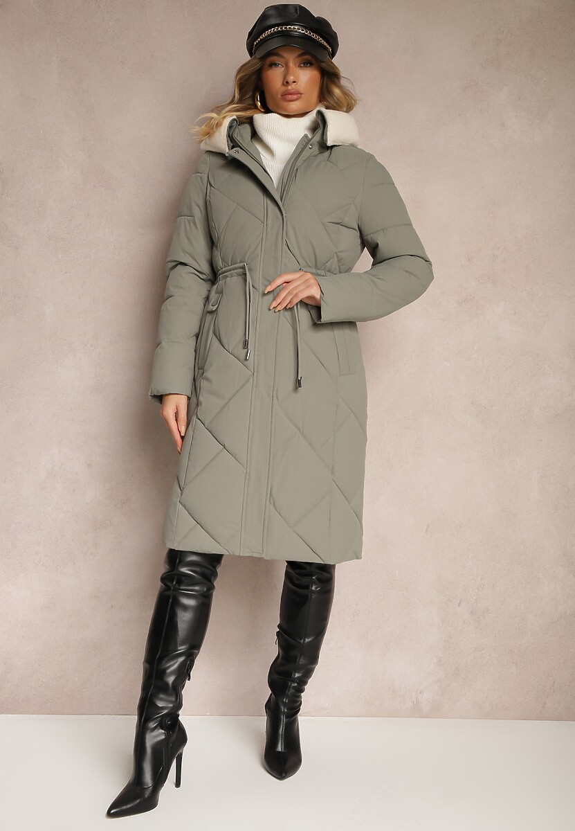 Zielona Kurtka z Kapturem Ozdobiona Pikowaniem Sznurkami w Pasie i Kołnierzem Ellariana