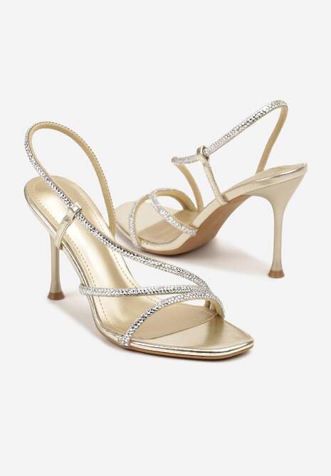 Złote Sandały Vices na Szpilce Ozdobione Paskami z Cyrkoniami Tilarea