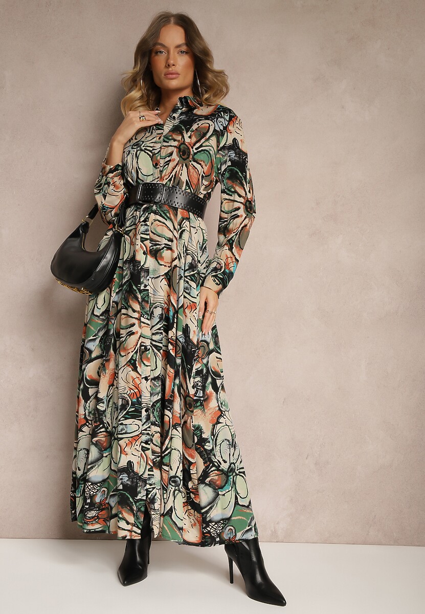 Czarno-Beżowa Wiskozowa Sukienka Koszulowa w Kwiaty z Guzikami przy Rękawach Enayira