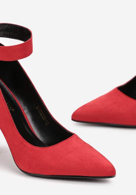 Czerwone Czółenka ze Szpiczastym Noskiem na Słupku z Paskiem wokół Kostki Leoresa