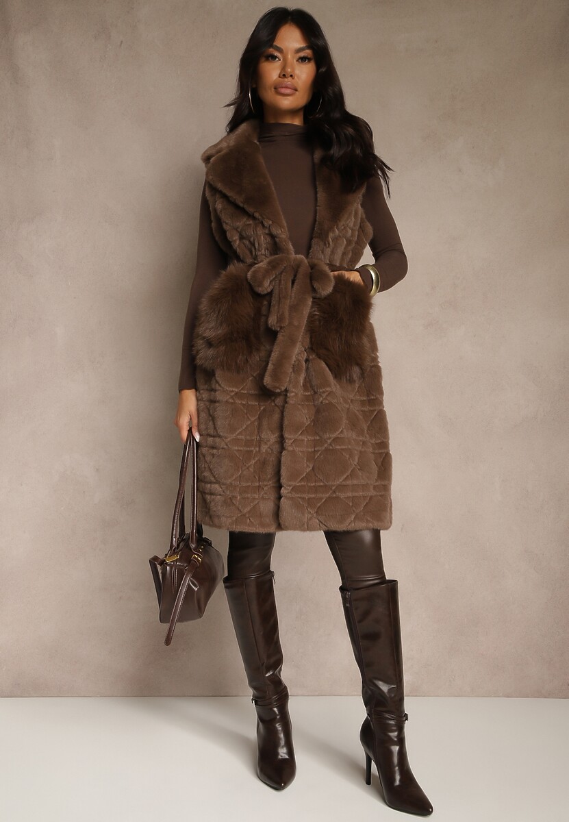 Brązowa Kamizelka Futerko z Wiązanym Paskiem Zdobiona Przeszyciami Ranitila